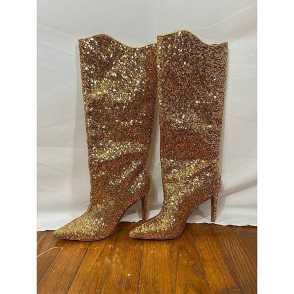 $268 Retail Free People X Vicenza After Midnight Gold Sequin Glam Heel Boots 6